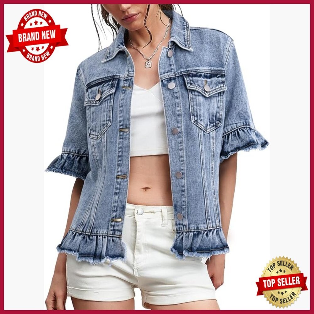 Lightweight Denim Jacket Short Sleeve Ruffle Detail Regular Fit